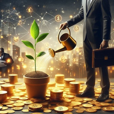 A businessman waters a growing plant with gold coins