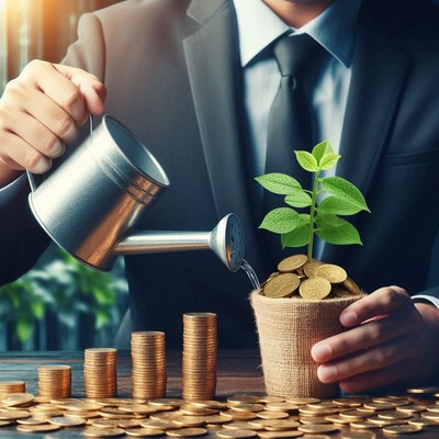 Businessman waters a plant from a coin pot