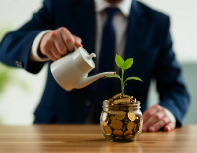 A man waters a plant growing out of a jar of coins