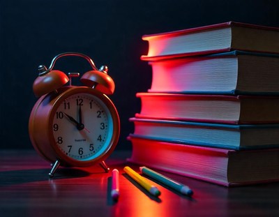 An alarm clock sits next to a stack of books