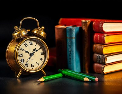 A brass alarm clock sits beside a stack of books and pencils