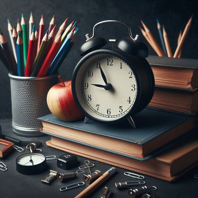 Black alarm clock on books with pencils and an apple