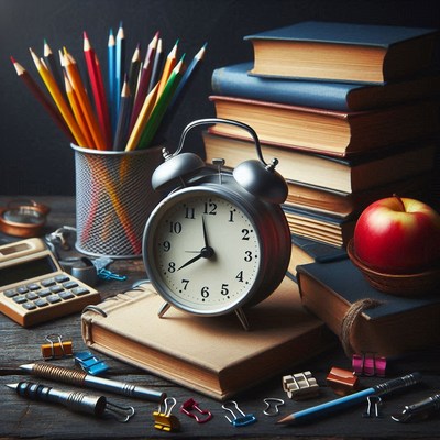 A silver alarm clock sits on a stack of books
