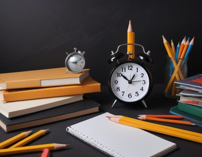 An alarm clock sits next to a stack of books and pencils