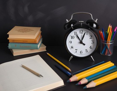 An alarm clock near colorful pencils and books