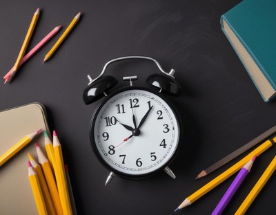 An alarm clock sits on a black desk with pencils and a book