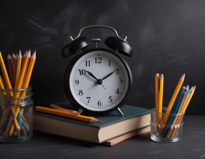 A black alarm clock sits on a book with pencils nearby