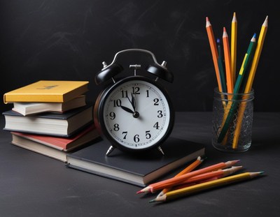 Midnight alarm clock next to books and pencils