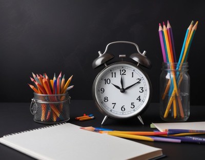 An alarm clock sits next to colorful pencils on a desk
