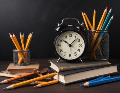 An alarm clock sits on a stack of books with pencils