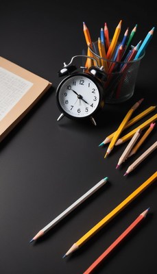 A black alarm clock sits next to pencils on a dark surface