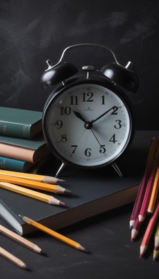 An alarm clock sits on a desk with pencils and books