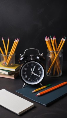 An alarm clock sits next to pencils on a desk