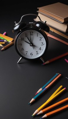 A black alarm clock sits on a desk with pencils and books