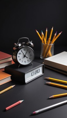 A black alarm clock sits on a desk with pencils and books