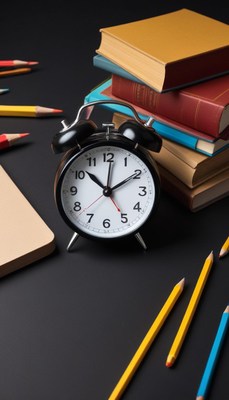 An alarm clock sits next to books and pencils