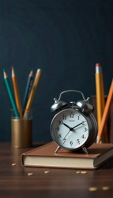 A silver alarm clock sits on a book with pencils nearby