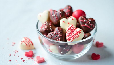 Chocolate heart candies in a glass bowl
