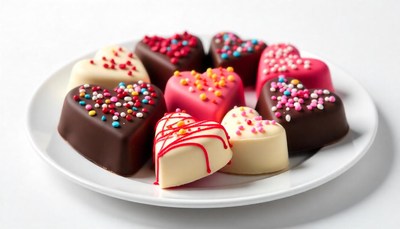 Chocolate heart-shaped treats on a white plate