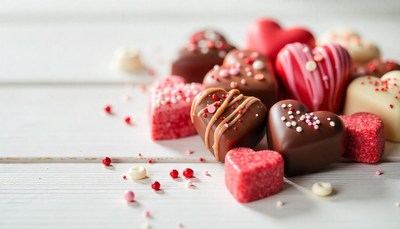 Heart-shaped chocolates on a white table