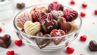 A bowl of heart-shaped chocolates with sprinkles