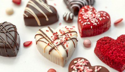 Heart-shaped chocolates and cakes on a white background