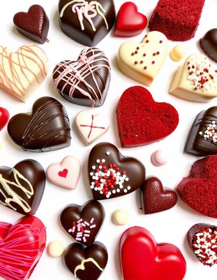 Heart-shaped chocolates in various flavors
