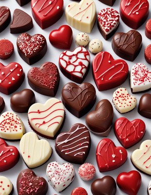 Heart-shaped chocolates arranged on a white surface