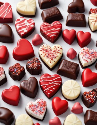 Chocolate hearts arranged on white surface