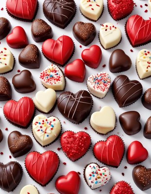 Heart-shaped chocolates in red, white, and brown