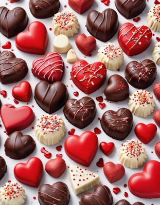 Heart-shaped chocolates arranged on white surface