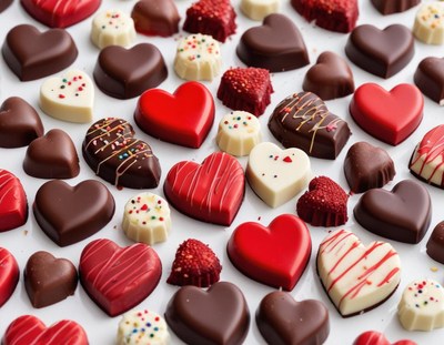 A variety of heart-shaped chocolates sit on a white surface