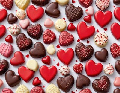 A variety of heart-shaped chocolates on a white background
