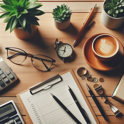 A wooden desk with a notepad, pens, and a cup of coffee