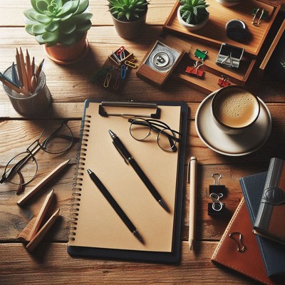 A wooden desk with pens, pencils, and a cup of coffee