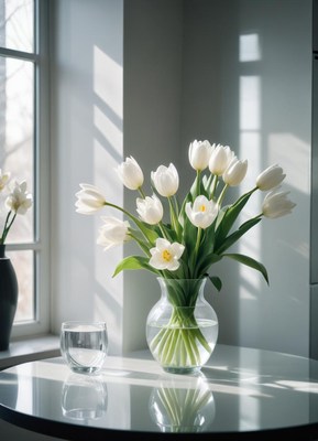 White tulips in a vase on a table by a window