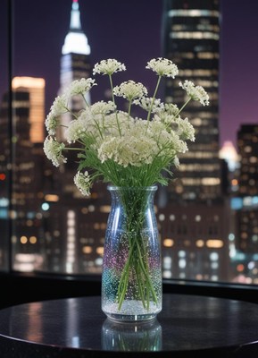 White flowers in a vase before a night skyline