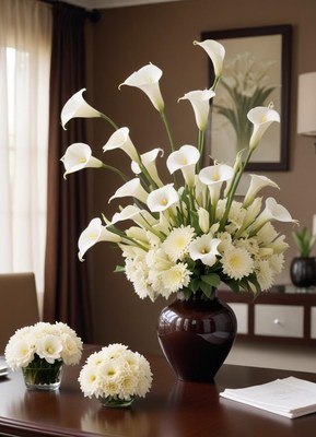White calla lilies and chrysanthemums in a vase