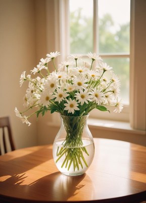 A bouquet of daisies sits on a table in a sunny room