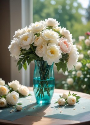 White peonies in a teal vase on a table by a window