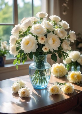 White peonies in a vase on a table by a window