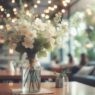 White flowers in a glass vase on a cafe table