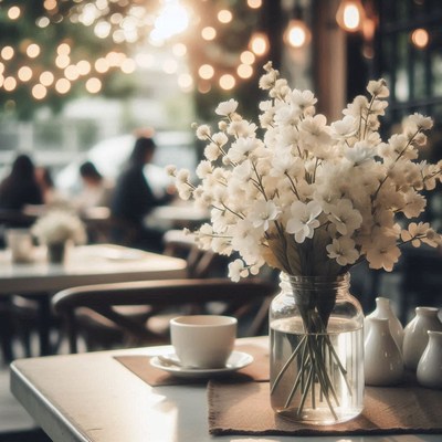 A vase of white flowers sits on a table in a cafe