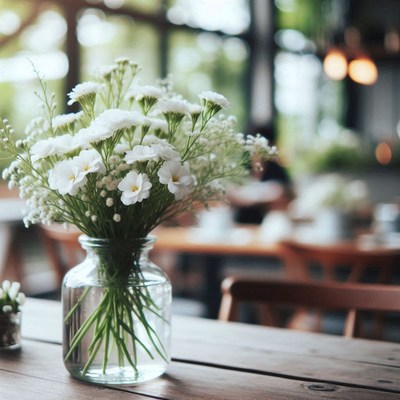 A vase of white flowers sits on a table in a restaurant