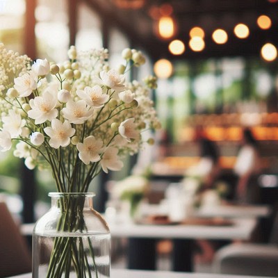 White flowers in a vase on a table in a restaurant