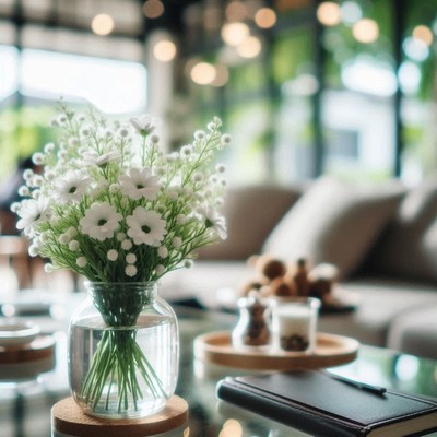 A vase of white flowers sits on a coffee table