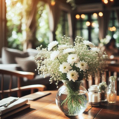 White daisies in a vase on a wooden table
