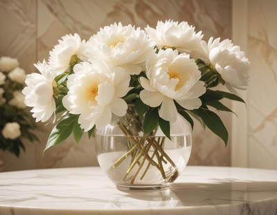 A bouquet of white peonies sits on a marble table