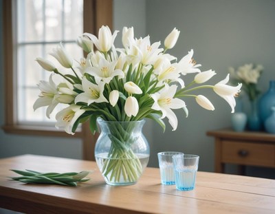White lilies in a vase on a table
