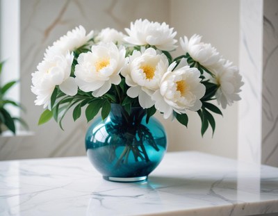White peonies in a teal vase on a marble table